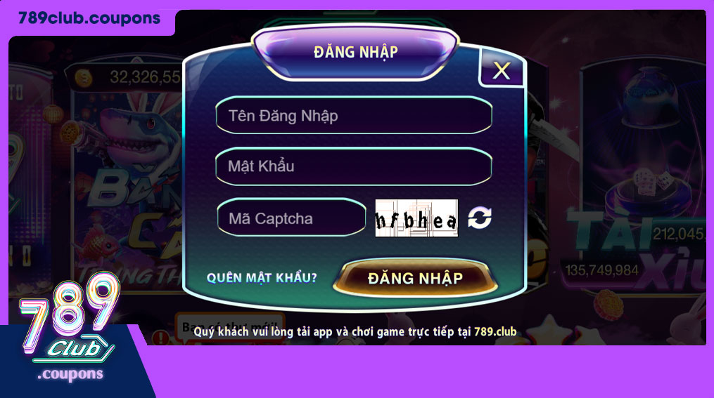 Giao diện màn hình đăng nhập vào tài khoản 789Club, nơi người dùng nhập tên đăng nhập và mật khẩu để truy cập vào tài khoản.