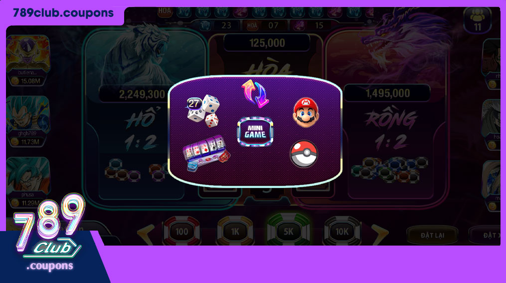 Giao diện mini game trong trò chơi rồng hổ tại 789club